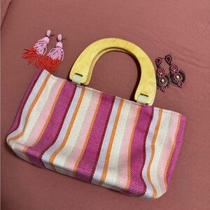 Neiman Marcus pink striped straw tote bag